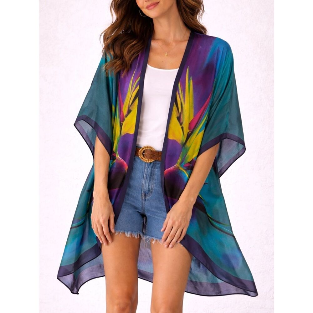 Cocoon House 100% Silk Bird of Paradise Kimono Duster OS